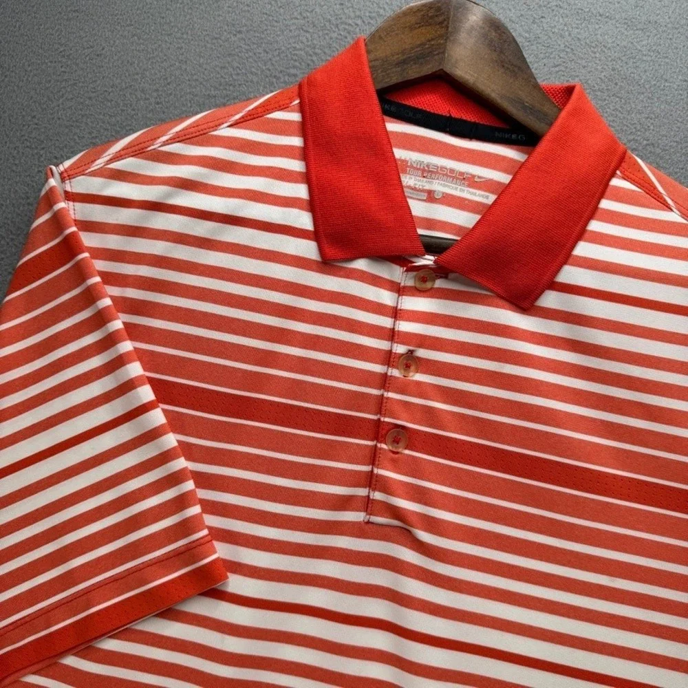 Nike‎ Golf Polo Shirt Tour Performance Dri-Fit Large Orange White Striped Mens